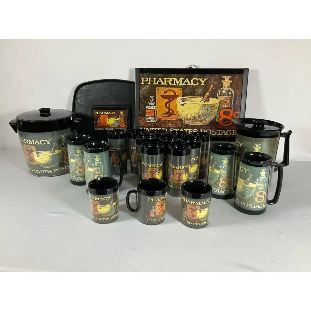 Vintage 70s Thermo Serv 23pc Pharmacy Postage Stamp Drinkware Set Collectible
